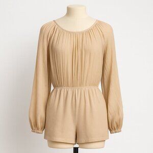 Free People Size Large Beige Romper Shorts Long Sleeves Cotton Boho Vacation NEW